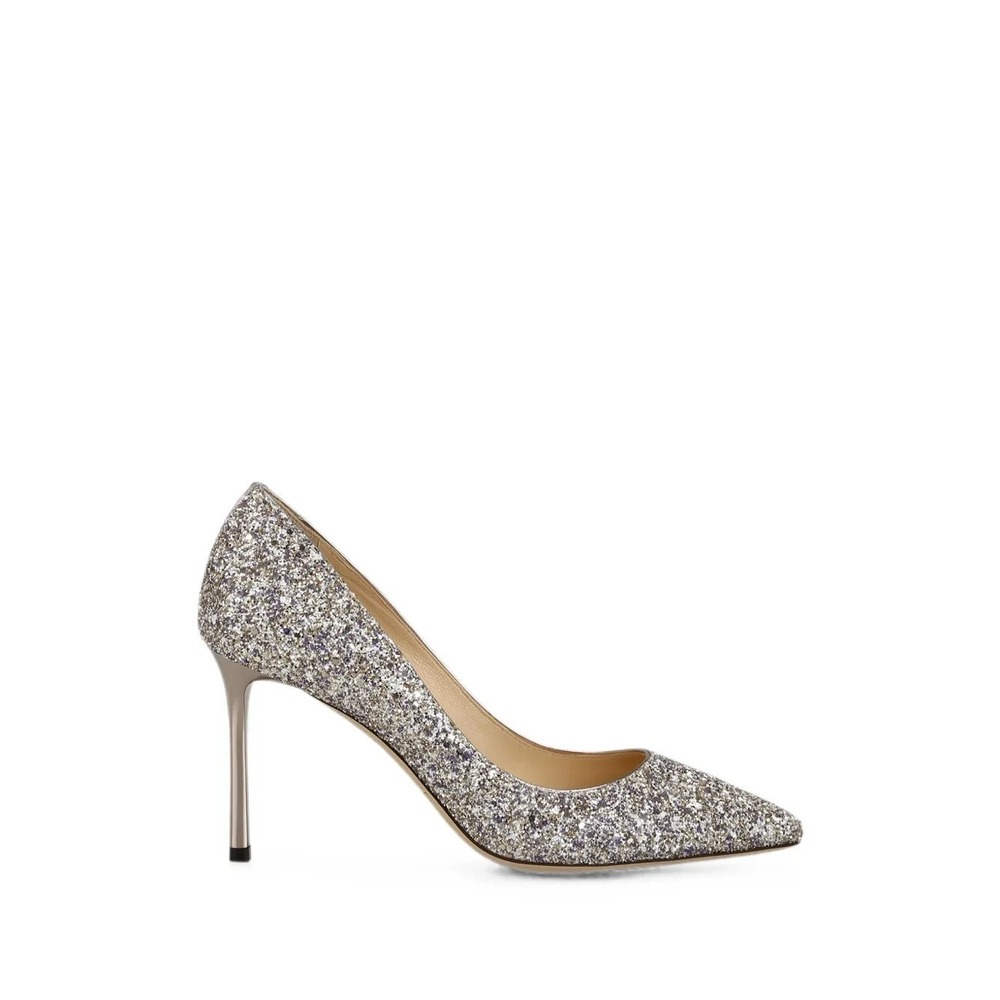 Jimmy Choo Romy 85 Silver Coarse Glitter Fabric Pointy Toe Pumps Size 39.5 (9.5)